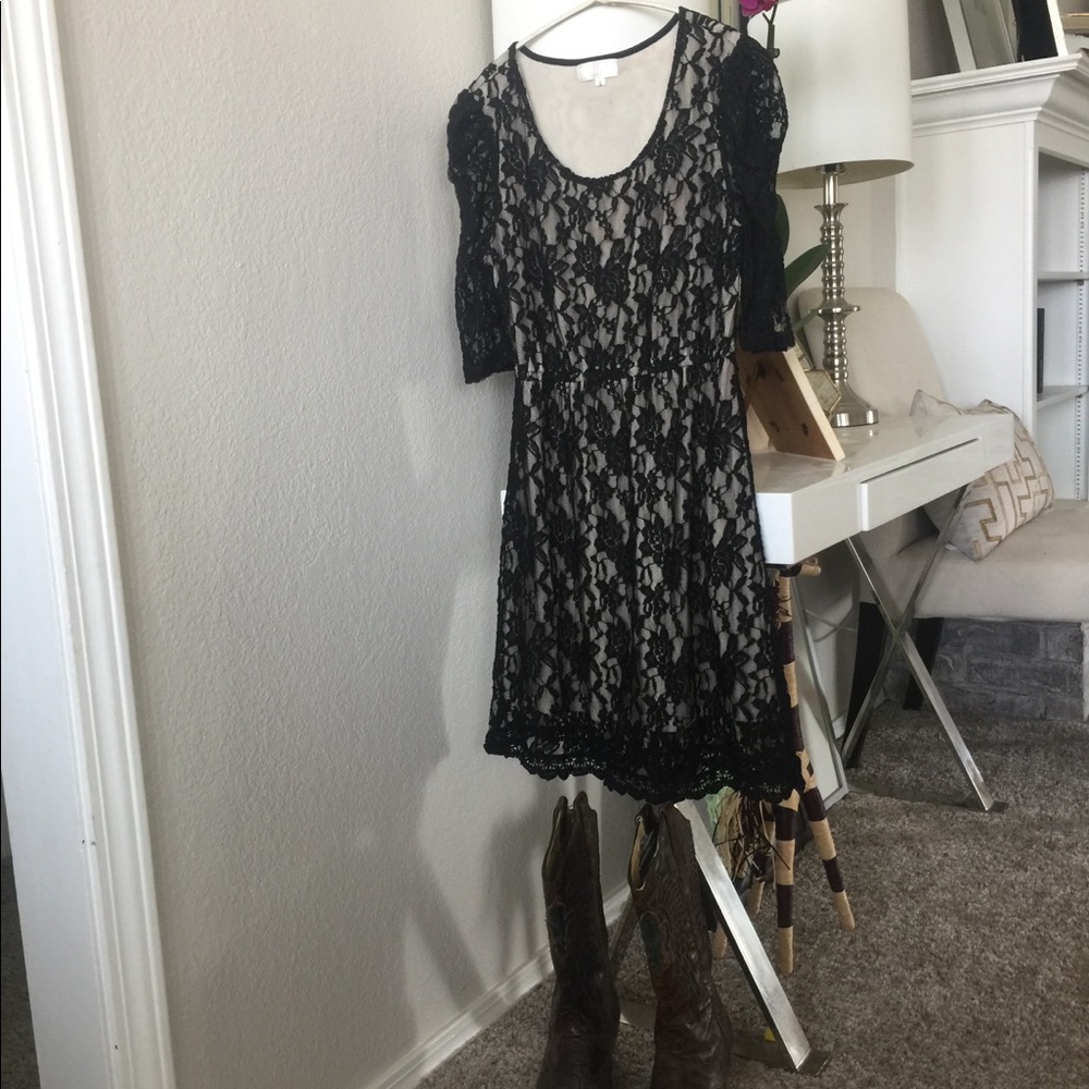 Black lace, beaded, three quarter sleeve dress